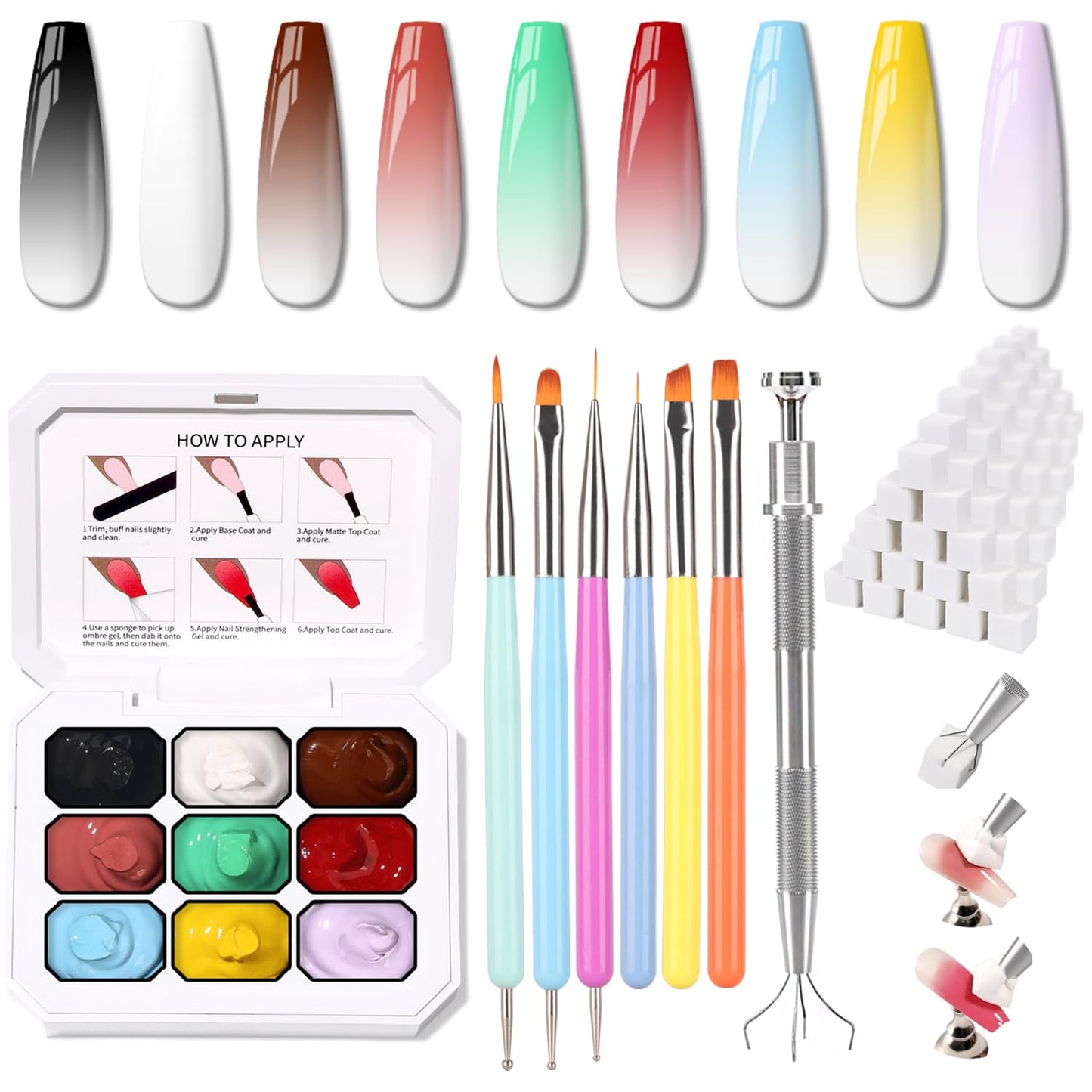Ombre Nail Gel Set - 9 Colors Sponge Pat Paint for Floral Nail Art, No Wipe, UV/LED Curing