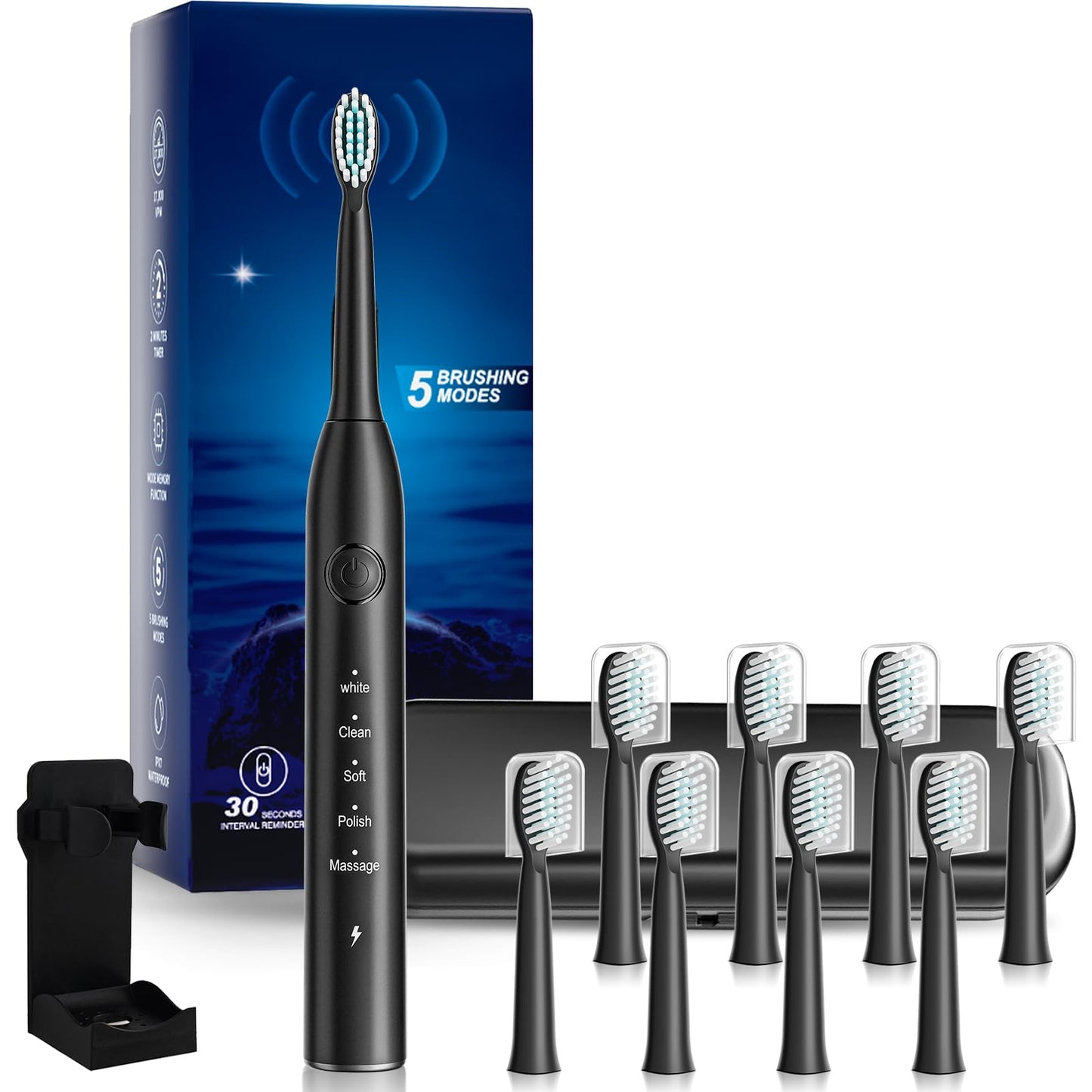 MAXWISDOM Rechargeable Electric Toothbrush, 8 Brush Heads, with 100 Day Battery Life, 5 Cleaning Modes, Fast Type-C Charging, Comes with Portable Travel Case & Holder, Black