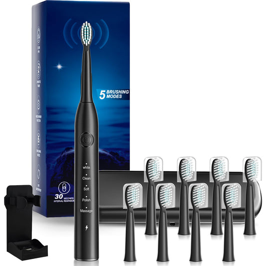MAXWISDOM Rechargeable Electric Toothbrush, 8 Brush Heads, with 100 Day Battery Life, 5 Cleaning Modes, Fast Type-C Charging, Comes with Portable Travel Case & Holder, Black
