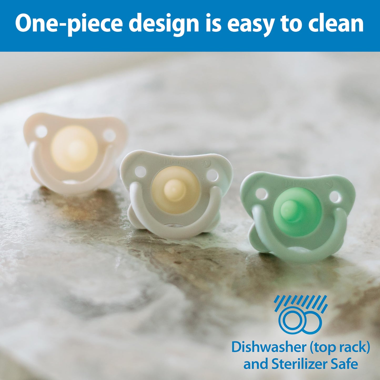 Dr. Brown's HappyPaci 100% Silicone Baby Pacifier, Contoured One-Piece Design, Gray/Green/Ecru, 0-6m, BPA-Free, 3-Pack