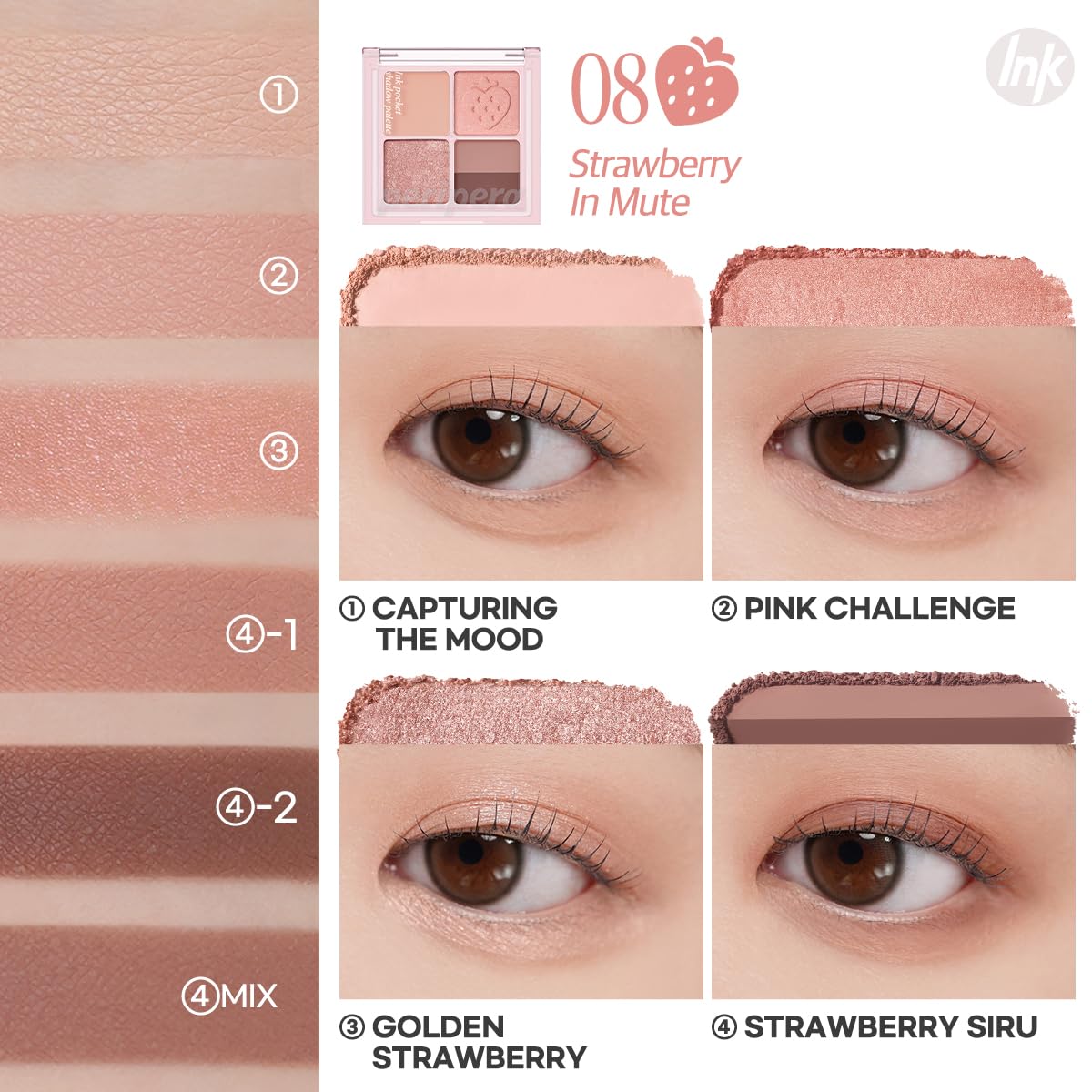 Peripera Ink Pocket Shadow Palette, Eyeshadow Quads, Creamy Formula, Blendable Matte & Shimmer Shades, Easy to Apply (008 STRAWBERRY IN MUTE, One Size)