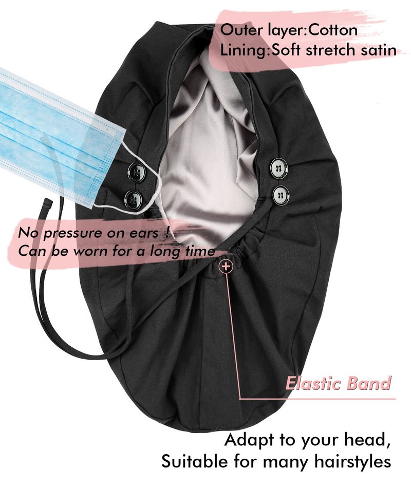 Satin Lined Work Cap for Long Hair Women with Button Silk Lined Working Cap Ponytail