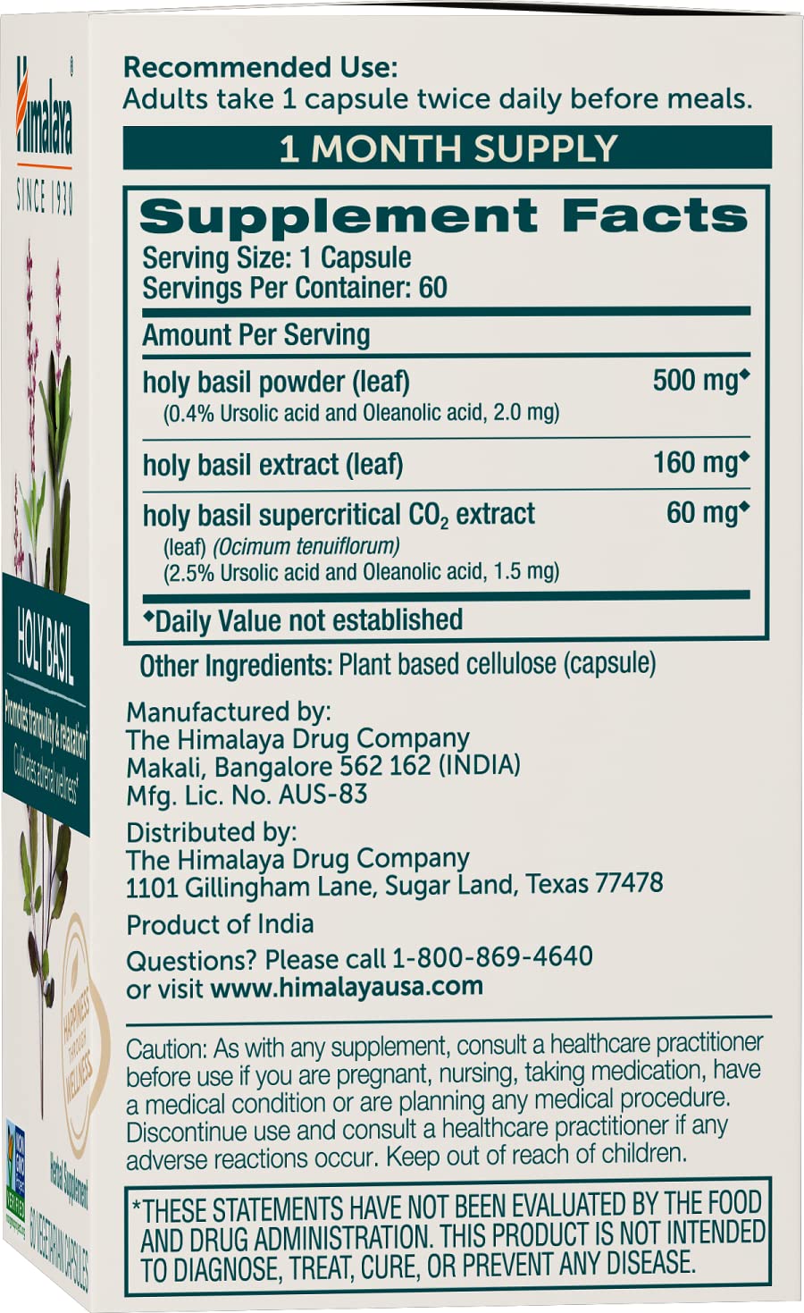 Himalaya Holy Basil Capsules-Herbal Adrenal Support for Stress Relief, Reduce Cortisol, Relaxation, Energy Support and Occasional Sleeplessness - Vegan, Non-GMO, Gluten Free, 720 mg, 120 Capsules