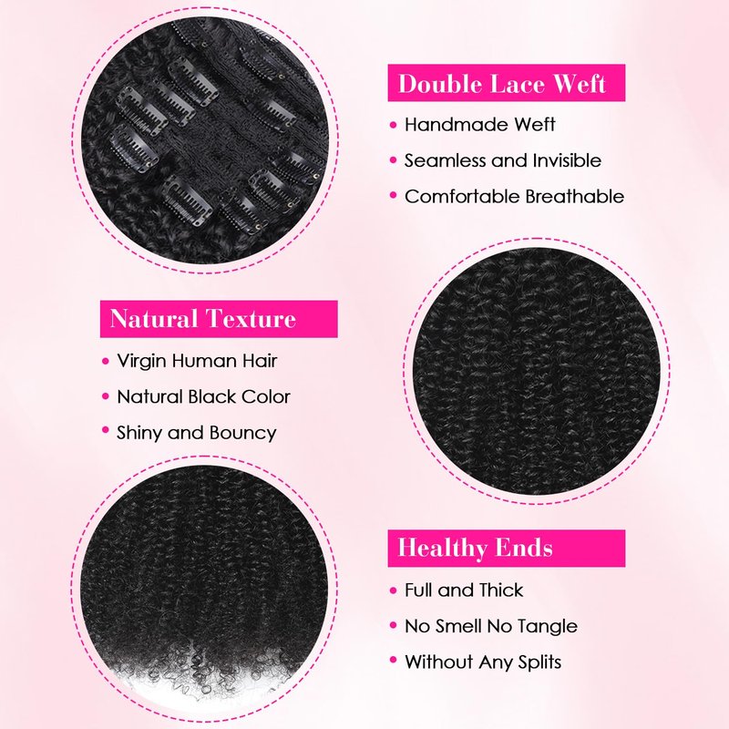 Afro Kinky Curly Clip Ins Human Hair Extensions for Black Women 8Pcs 20 Clips 100% Remy Virgin Hair 120g 3C 4A Natural Black Double Weft Thick Ends 10 Inch