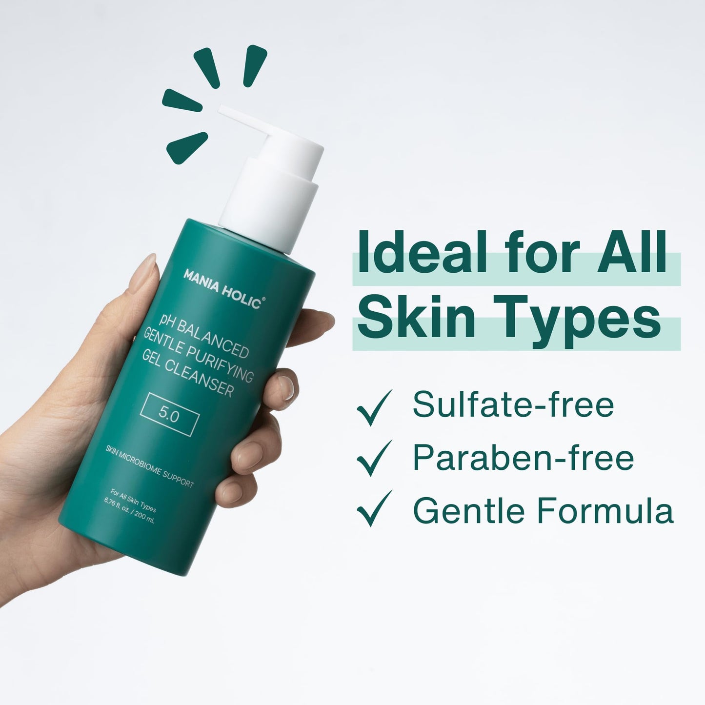 MANIA HOLIC pH Balanced Hydrating Facial Gel Cleanser for Dry and Sensitive Skin, pH Balance 5.0, Purifying Pore Care, Oil Control, Korean Skincare, 6.76 fl oz
