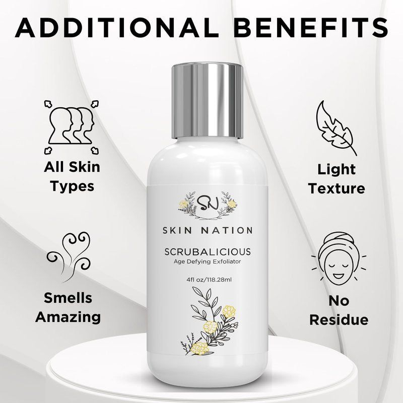 Skin Nation Scrubalicious Exfoliator, Gentle Face Scrub with Glycolic Acid, Jojoba Beads, Aloe Vera, Smooths Rough Skin, Hydrating Cleanser for Oily and Sensitive Skin, 4 oz