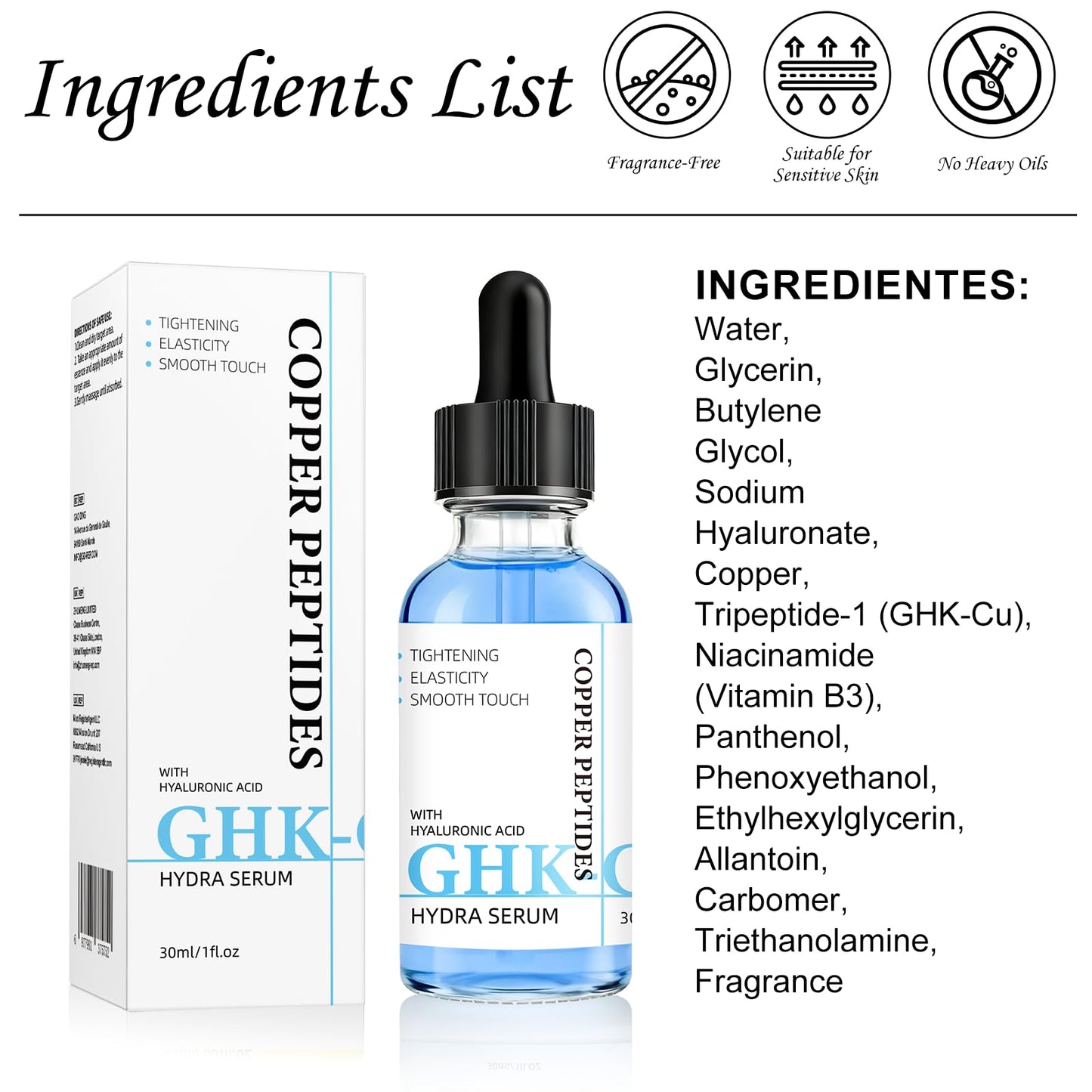 GHK-Cu Copper Peptide Serum for Face, Niacinamide & Hyaluronic Acid - Soothing Anti-Aging Serum for Sensitive Skin, Fine Lines & Skin Elasticity, 1 Fl Oz