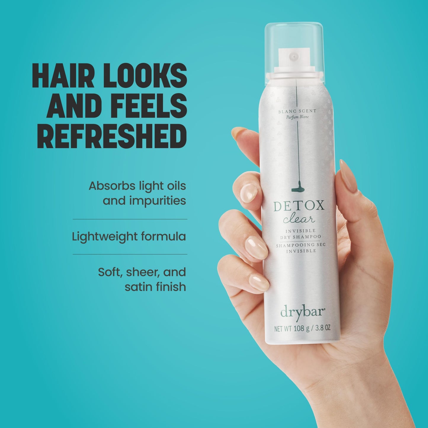 Drybar Detox Clear Invisible Dry Shampoo Spray, Absorbs Light Oils, Leaves Hair Feeling Clean & Refreshed with Soft Sheer Finish, For All Hair Types, Blanc Scent, 3.8 Oz