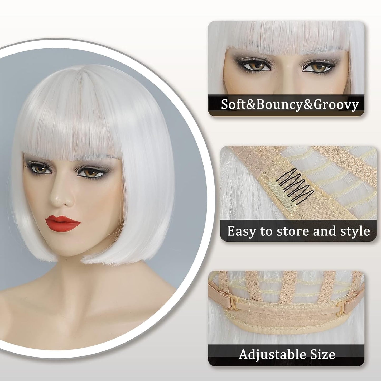 White Bob Wig With Bangs - 10 Inch Heat Resistant Synthetic Hair | Natural Look for Daily Wear & Parties