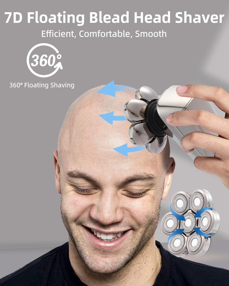 7D Electric Bald Shaver - 5-in-1 Dry/Wet Men's Head Shaver with Led Display & IPX7 Waterproof, Detachable, Rechargeable Razor