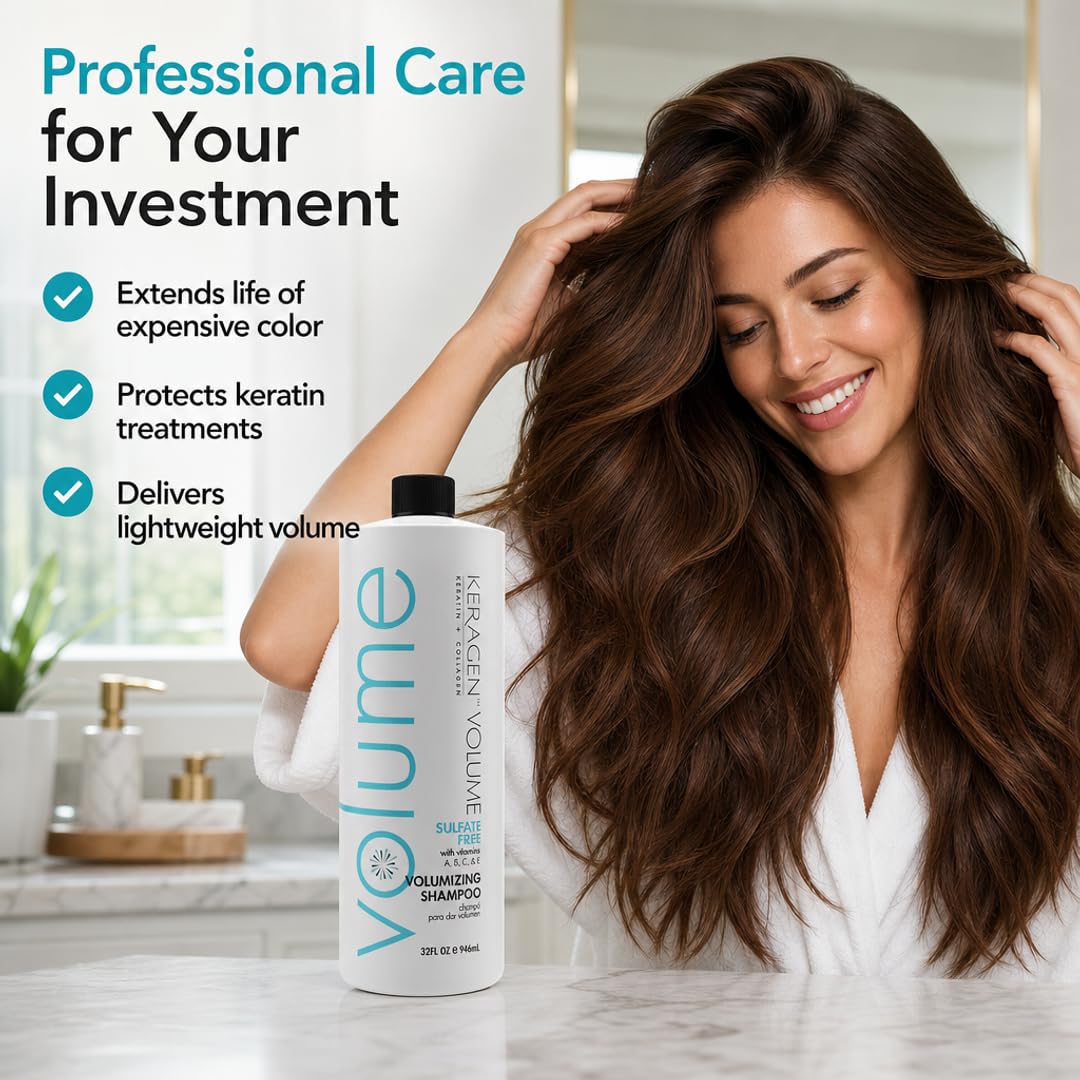 KERAGEN Sulfate-Free Volumizing Shampoo – Keratin & Collagen Blend for Fine, Color-Treated & Keratin-Treated Hair | Root Lift, Frizz Control & Structural Fortifier | Made in USA | 32 oz