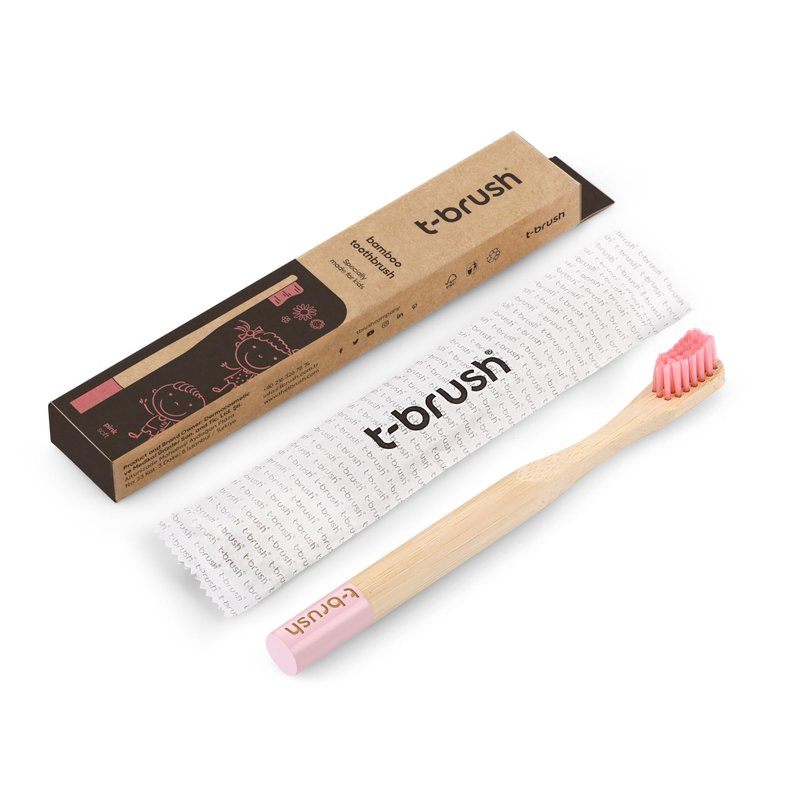 t-brush Kids Bamboo Toothbrush - Pink Colour - Cute Fun Toothbrush