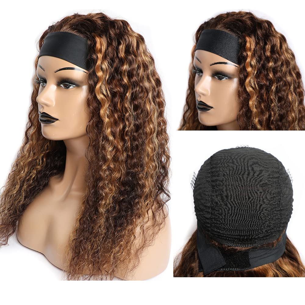 YiweYowe 16 Inch P430 Highlight Brown Headband Wig Human Hair 150% Density Grade 8A Unprocessed Brazilian Virgin Hairs Machine Made Brown Deep Wave Headband Wig Human Hair For Woman