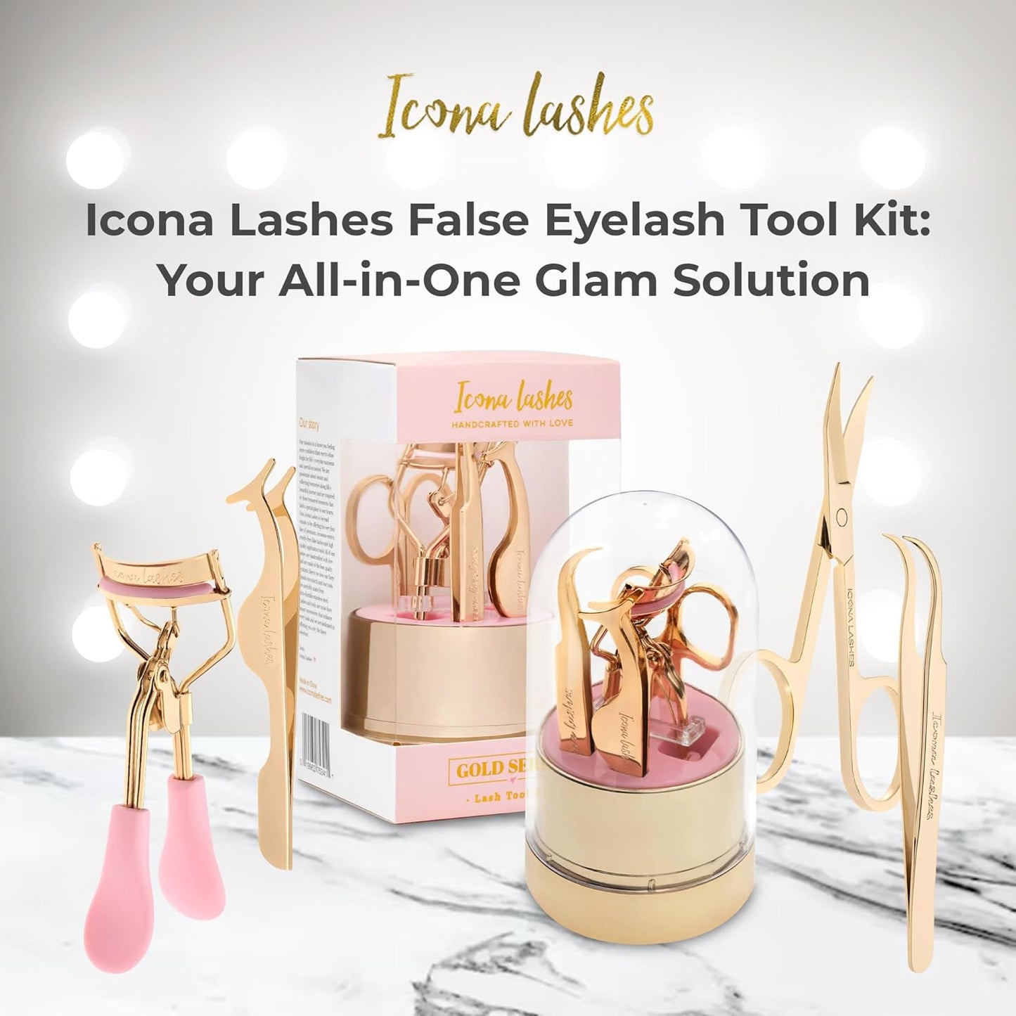 Icona Lashes 4-in-1 False Eyelash Tool Kit - DIY Lash Extensions with Gold Plated Stainless Steel Accessories | Includes Tweezer, Curler, Scissors