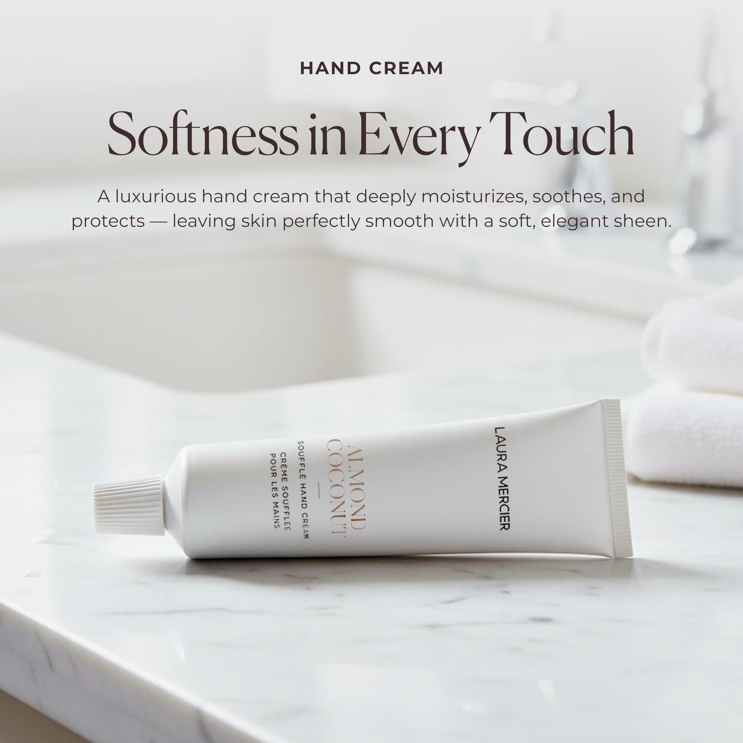 Laura Mercier Soufflé Hand Cream, 24HR Hydration, Nourishes and Repairs, Instantly Moisturizes and Improves Skin Texture, Infused with Shea, Mango, and Cocoa Butters, Almond Coconut