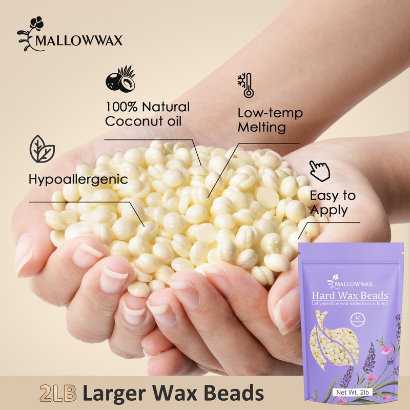 Mallowwax Hard Wax Beads, 2LB Coconut Cream Wax for Sensitive Skin, Gentle Hair Removal for Face, Bikini, Legs & Brazilian, No Strips Needed & Easy to Use at Home