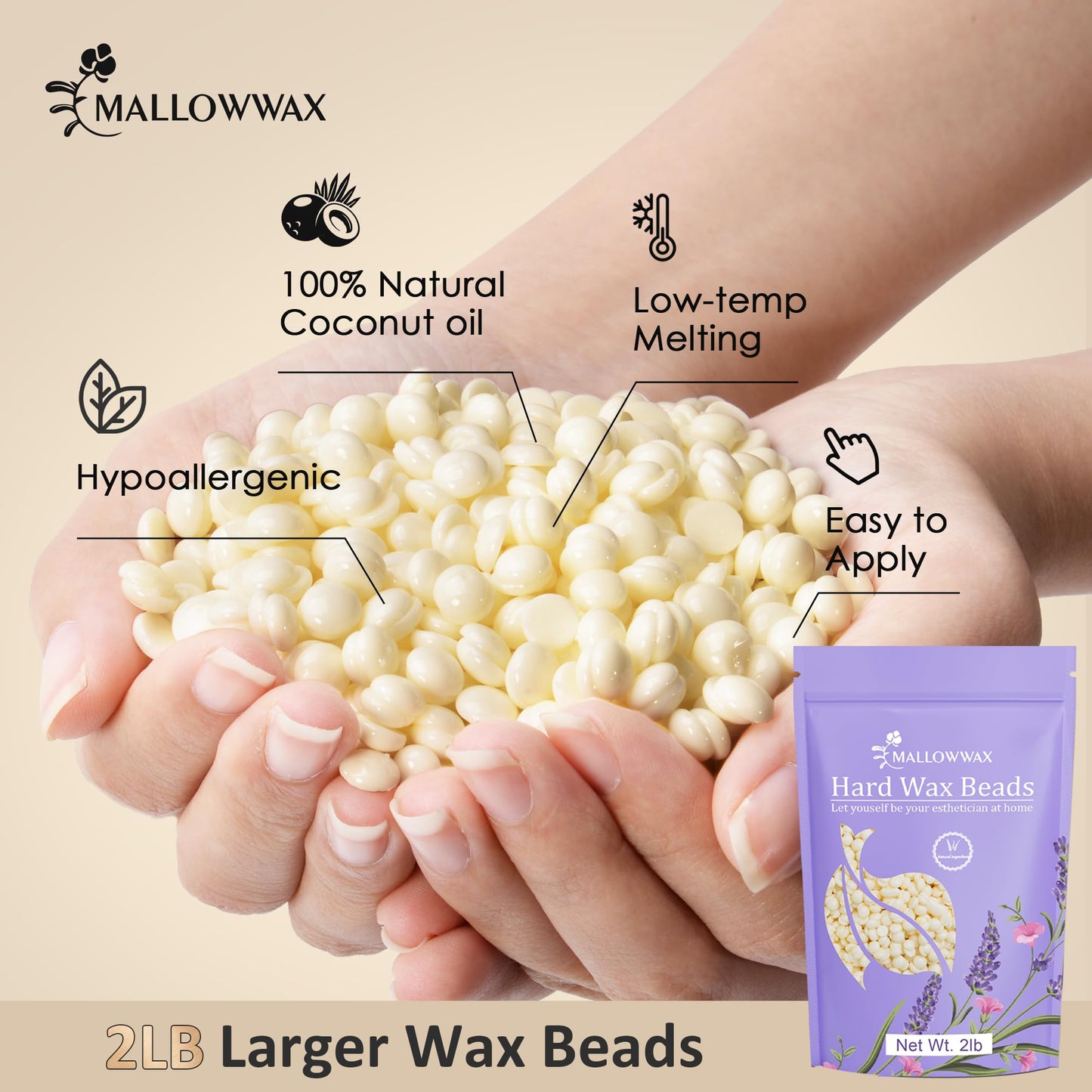 Mallowwax Hard Wax Beads, 2LB Coconut Cream Wax for Sensitive Skin, Gentle Hair Removal for Face, Bikini, Legs & Brazilian, No Strips Needed & Easy to Use at Home