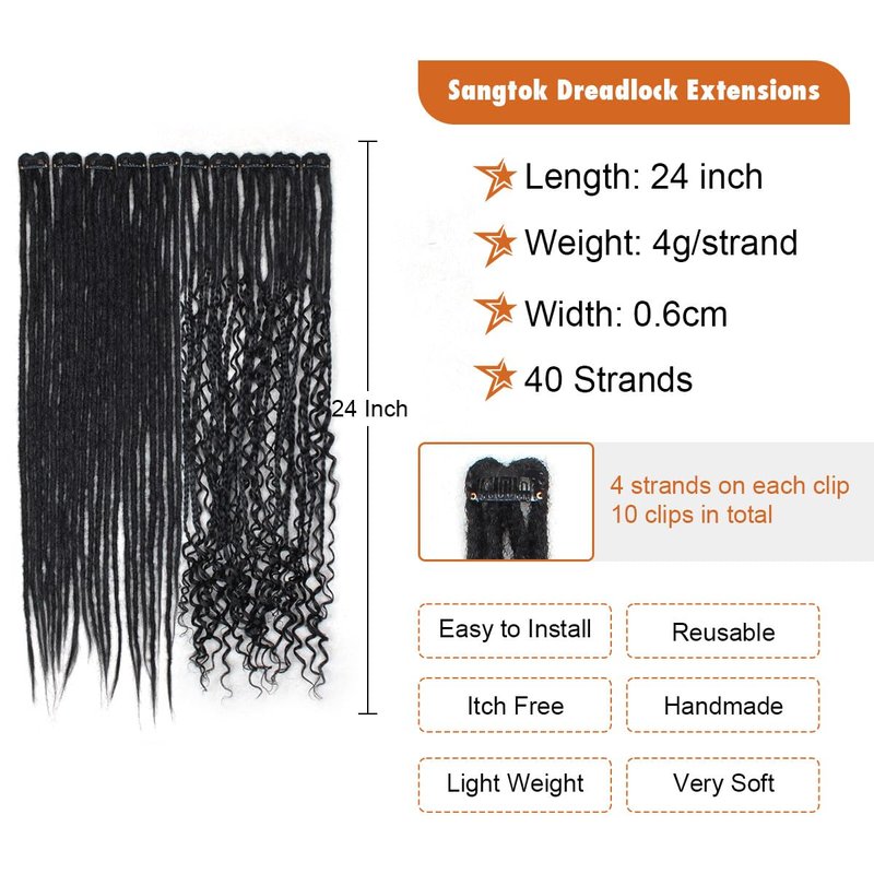 Clip-In Dreadlock Extensions - 24 Inch Synthetic Dreads for Women | 10 PCS Mixed Colors