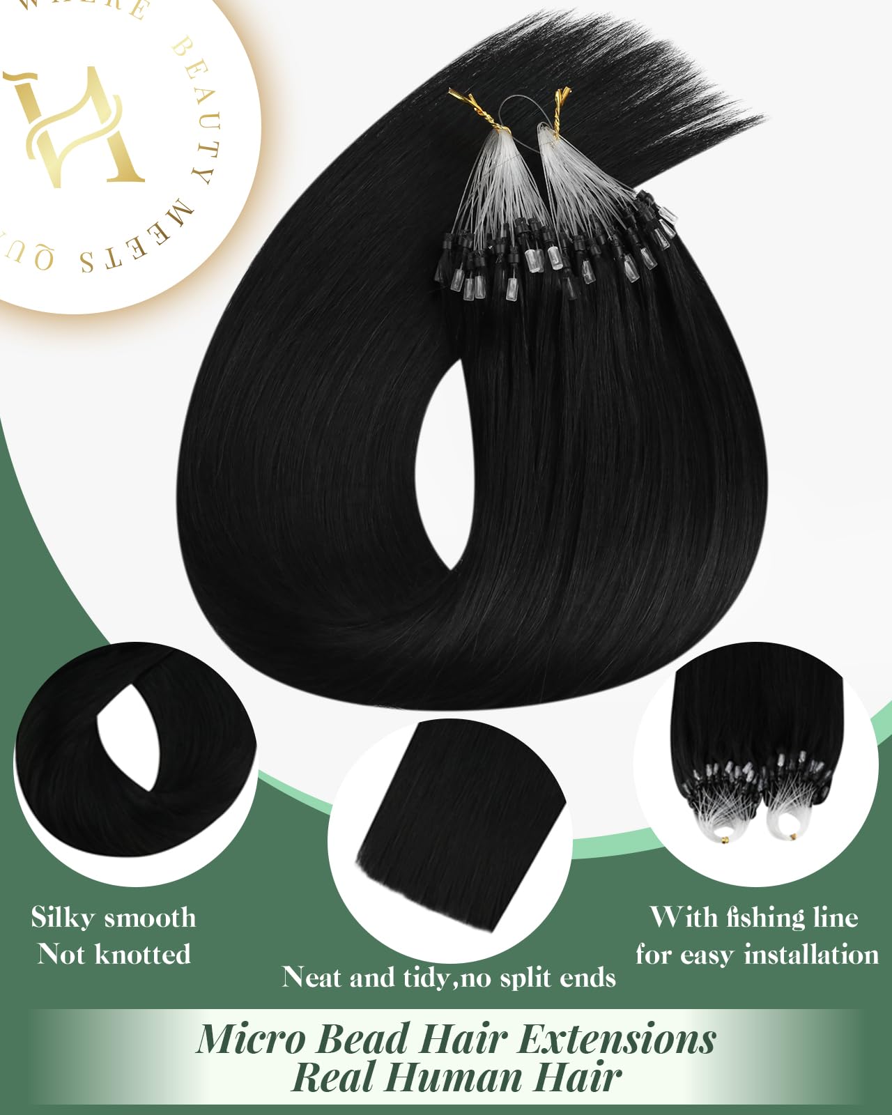 Ugeat 24 Inch Microlink Hair Extensions Human Hair, Black Micro Hair Extensions Human Hair, Jet Black Micro Ring Hair Extension, Manageable for Both Salon and Home care, 50G 50S