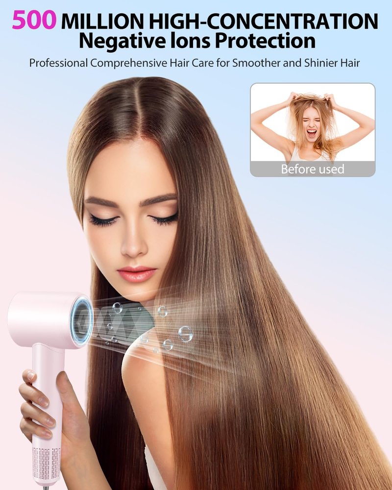 Coolpub High Speed Hair Dryer,150000 RPM Brushless Motor Professional Blow Dryer for Fast Drying,500M Negative Ions Ionic with Magnetic Blow Air Nozzle,Control Quiet Noise, Lightweight for Travel