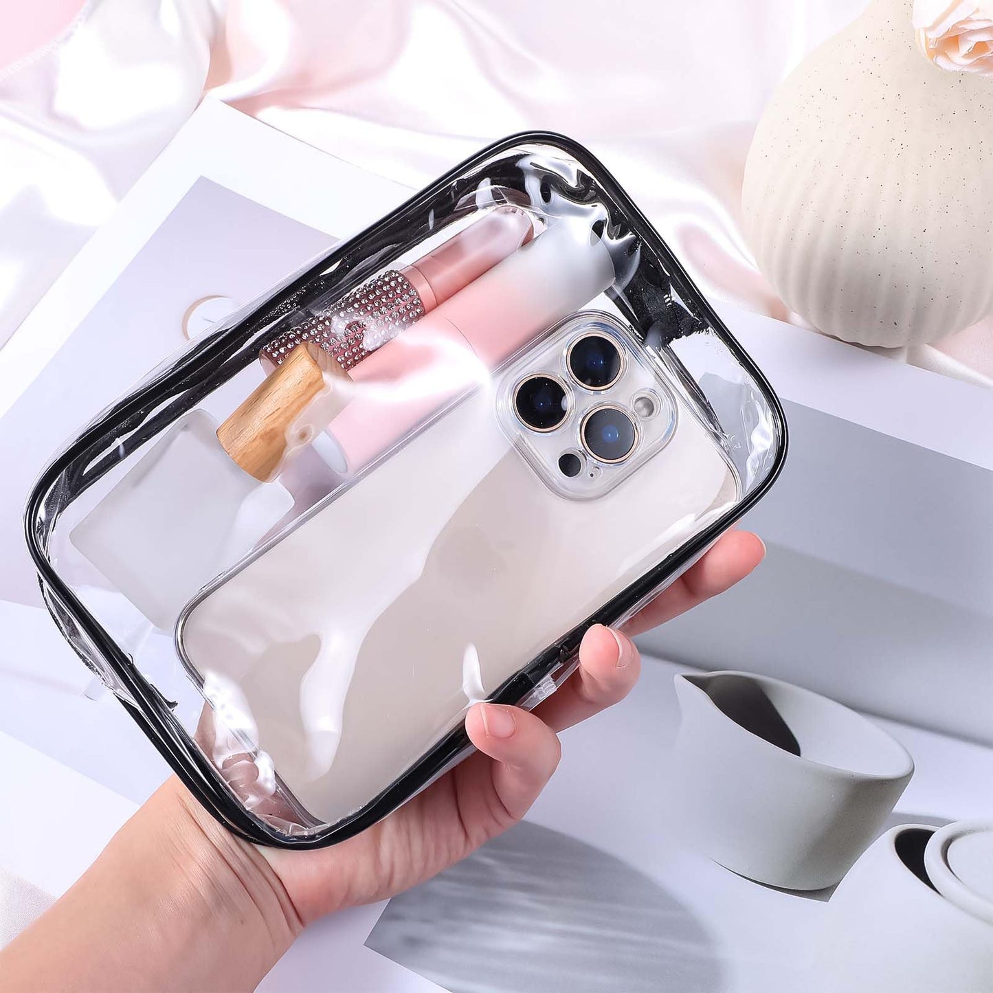 Molain 24 Pack Clear Makeup Bag, Waterproof Toiletry Bags, PVC Makeup Bags for Women, Organizer Case with Zipper for Travel Bathroom (Black)