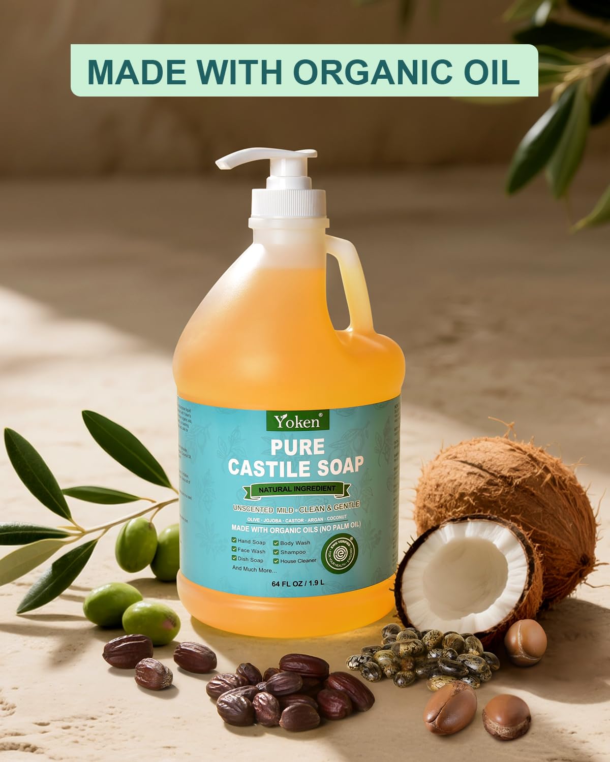 Yoken Organic Castile Soap Liquid - EWG Verified Unscented 64 oz | Gentle, Natural Clean for Body, Face, Dishes & Laundry