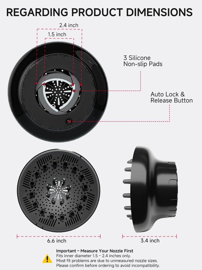 Hair Diffuser, Diffuser Attachment for Hair Dryer, Hair Diffuser for Curly Hair, Universal Diffuser for 1.5-2.4" Hair Blow Dryer Long Thick Curly Wavy Hair, Hair Attchment for Women, Black