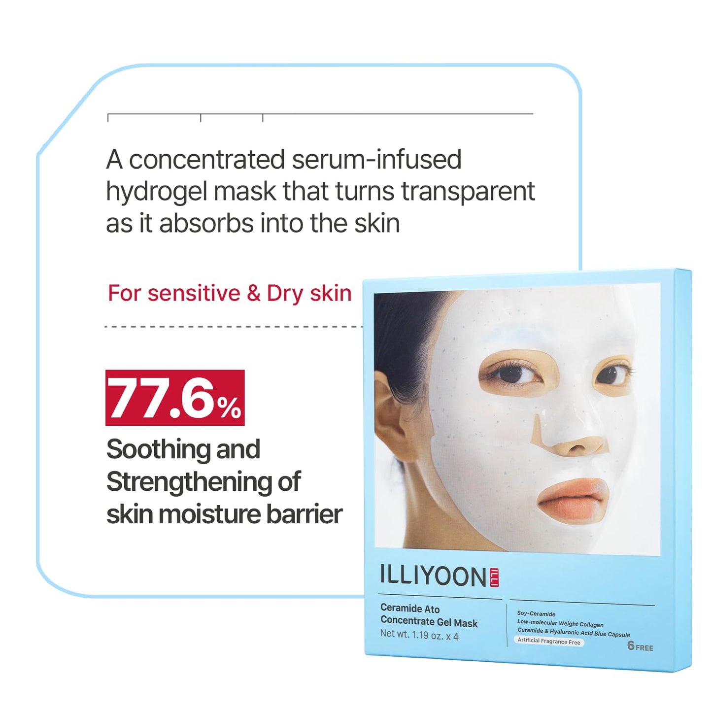 Illiyoon Ceramide Ato Concentrate Gel Face Mask | 34g x 4ea, Ceramide & Collagen Hydrating Overnight Hydrogel Mask with Hyaluronic Acid, Korean Pore Tightening Sleep Mask, Glass Skin Glow