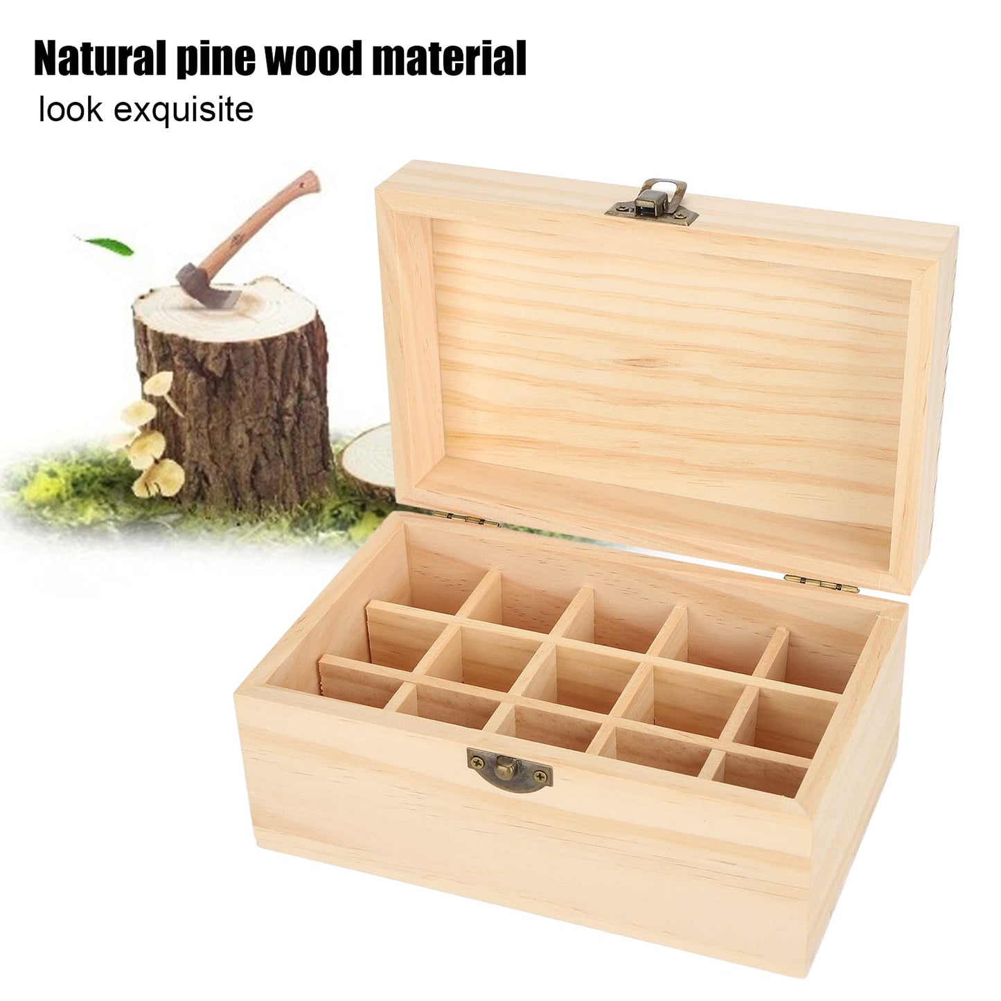 FILFEEL Wooden Essential Oil Bottle Storage Box, Large Capacity 15 Slot Essential Oil Storage Case Pine Wood Essential Oils Organizer Holder for Home, 18.2 x 11.5 x 9 cm