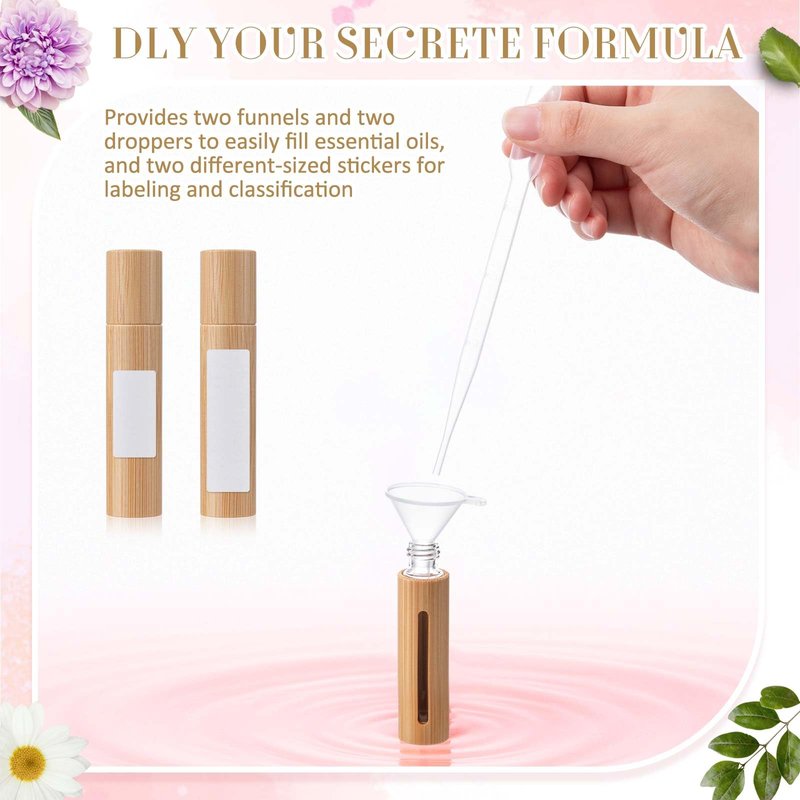 BrightRow 18 Pcs 10ml Bamboo Roll on Bottles for Essential Oils, Empty Bottles with Stainless Steel Roller Balls with Funnels, 3ml Droppers and Stickers