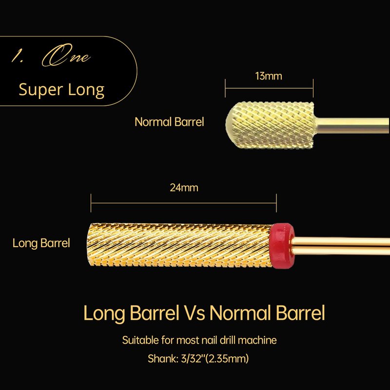 Nail Drill Bit, CORFULRA Super Long Barrel Nail Bit Carbide Tungsten Drill Bit for Nails, Upgrade Professional Advanced bit for Removing Acrylic Nails. Nail Tech Mush Haves (Gold, F)