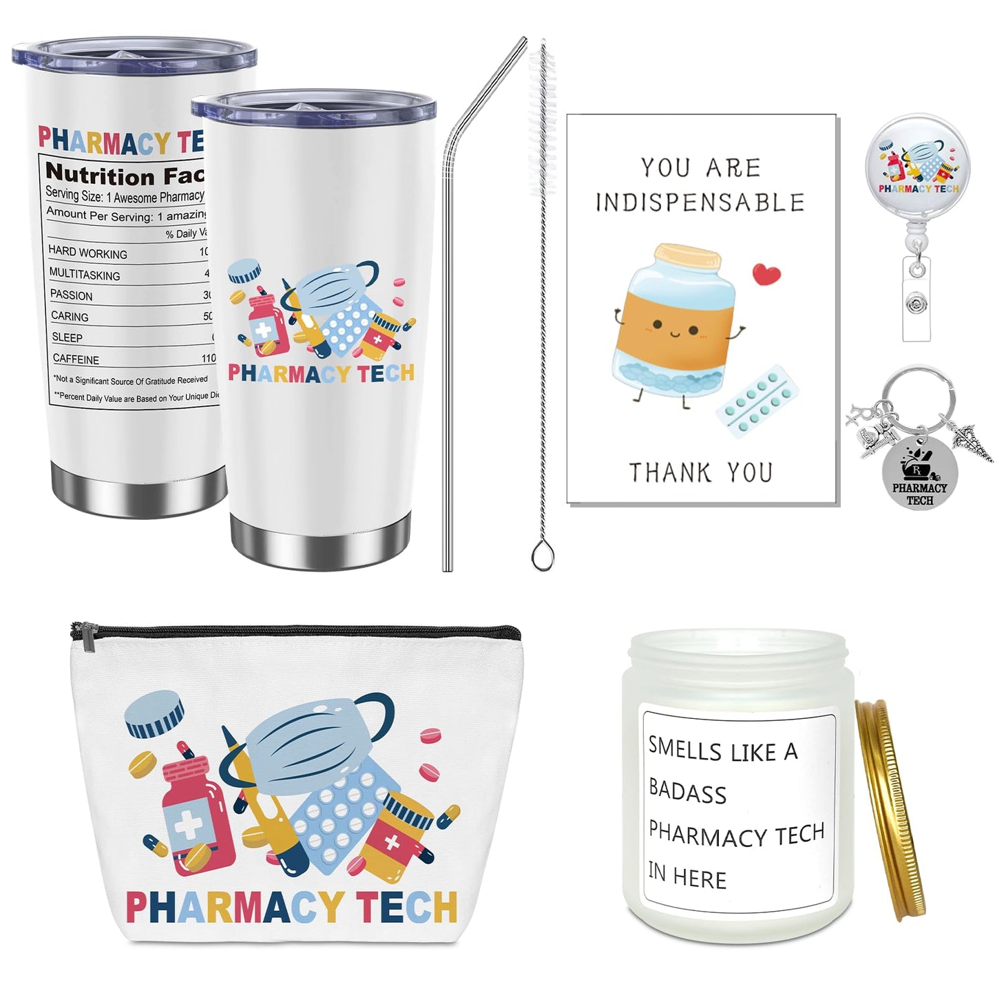 6Pcs Pharmacy Technician Appreciation Gifts Include Cup Portable Cosmetic Bag Badge Keychain Aromatherapy Thank You Card Pharmacy Technician Accessories for Doctors Nurses Week Gift Supplies