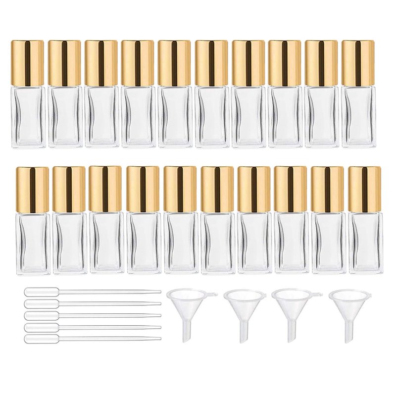 wifreo 20 PCS Essential Oil Roller Bottles, Clear Thick Glass Roller Bottles 5 ml for Essential Oils Roll on (4 Funnels, 5 Dropper)
