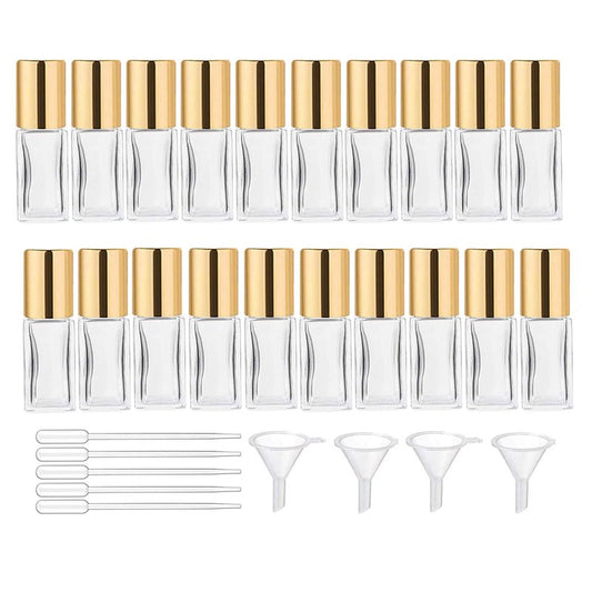 wifreo 20 PCS Essential Oil Roller Bottles, Clear Thick Glass Roller Bottles 5 ml for Essential Oils Roll on (4 Funnels, 5 Dropper)
