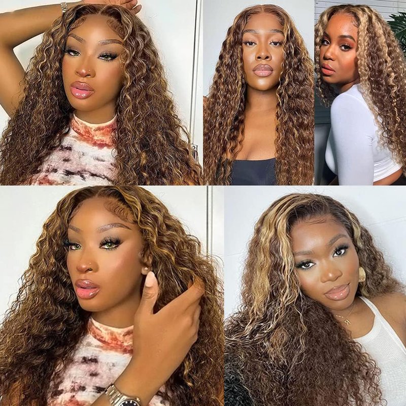 Brown Human Hair Bundles P427 Highlight Honey Blonde Deep Wave 3 Bundles Human Hair 14 16 18 Inch Double Weft Grade 12A Unprocessed Virgin Remy Hair 2 Tone #4 Mixed With Color 27 50g Per Bundle
