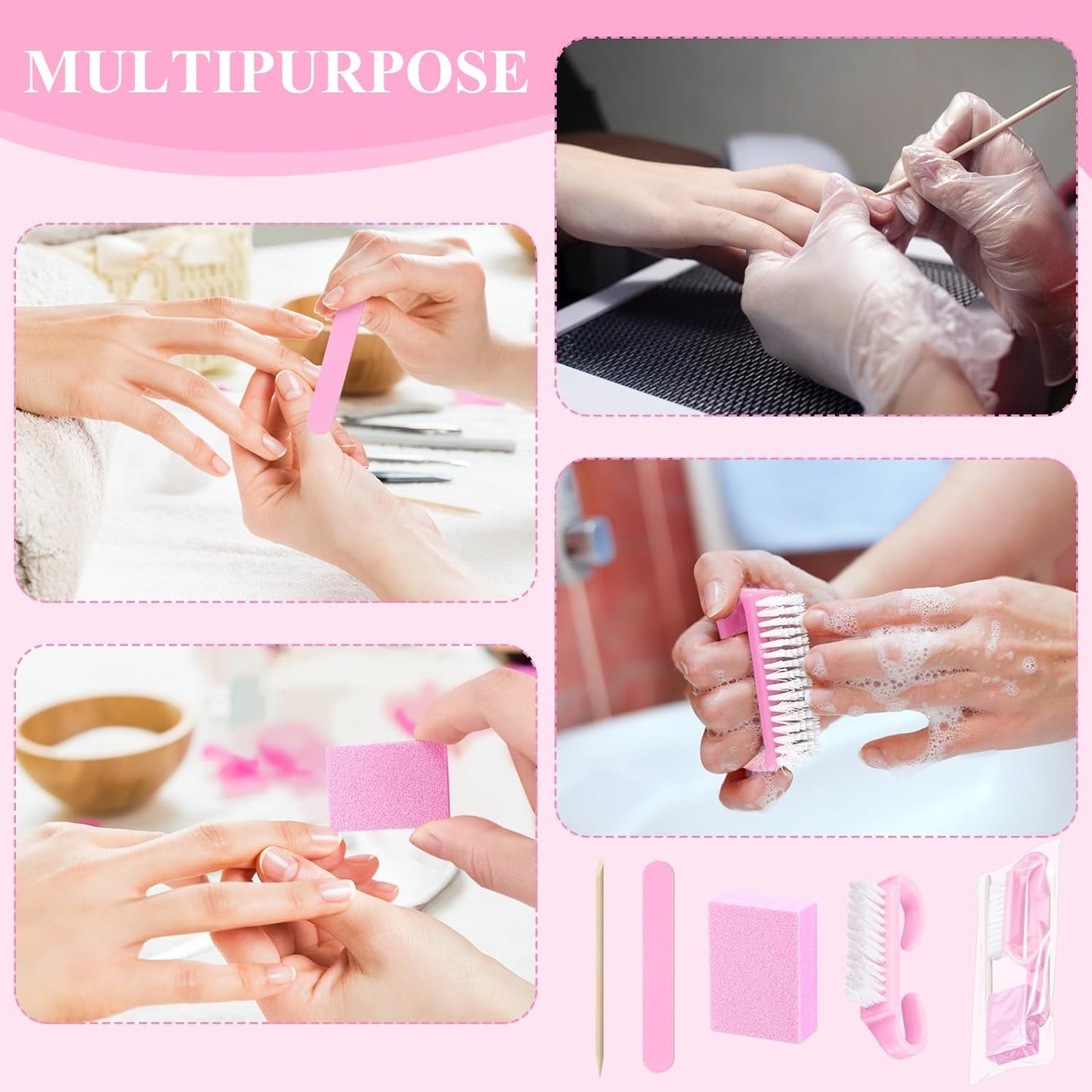 Professional Disposable Manicure Kit - 100 Sets of 4-Piece Nail Essentials | Pink Wood File & Buffer