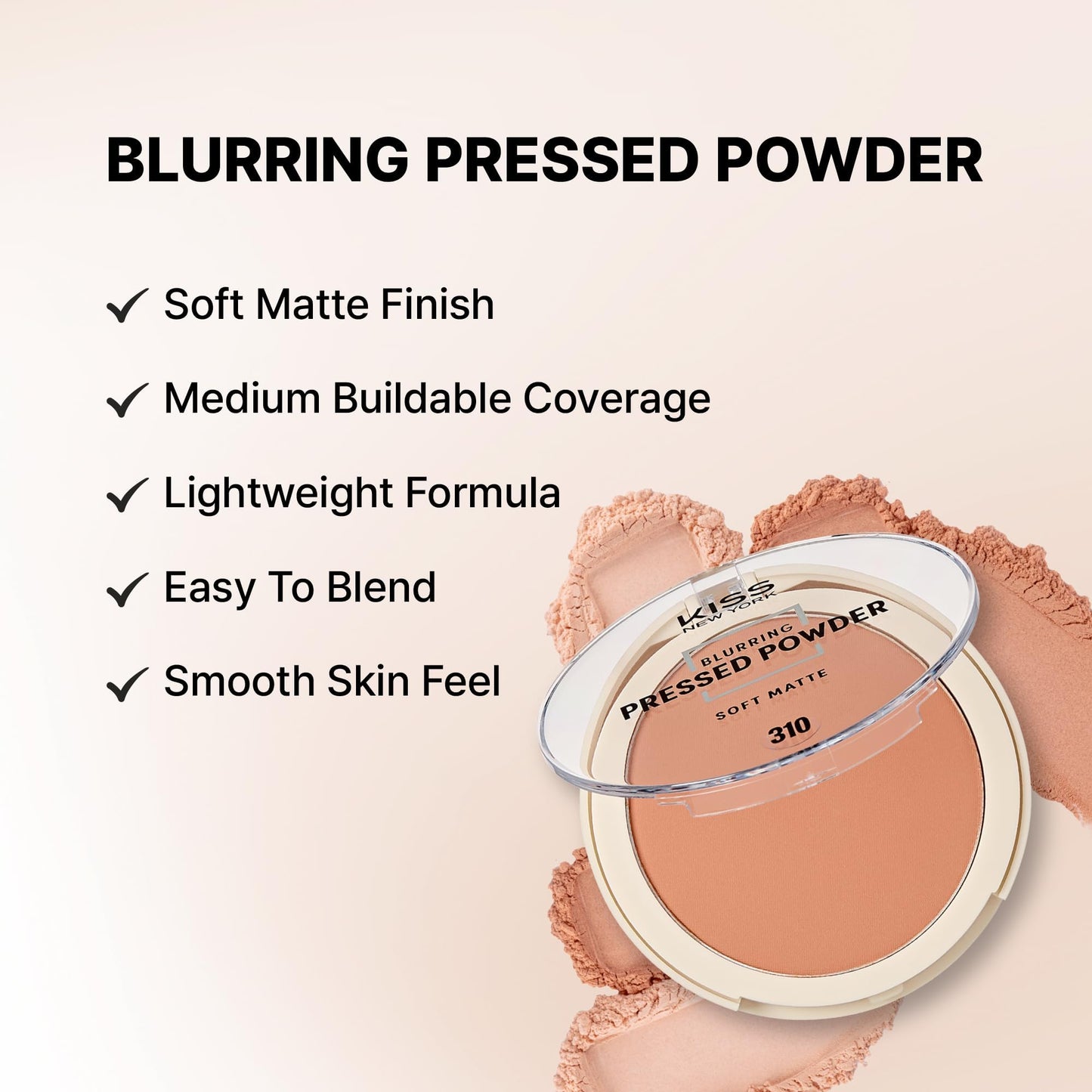 Kiss New York Soft Matte Pressed Powder (Sun Beige) With Dual Ended Powder Brush Set, Blurring Poreless Face Powder Makeup, Medium Coverage Setting Powder Infused with Salicylic Acid & Niacinamide