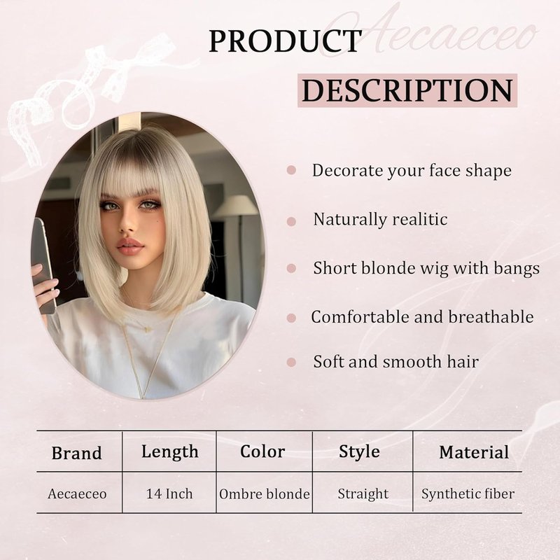 Blonde Bob Wig with Bangs - Ombre Synthetic Hair | 14-Inch Layered Short Straight Wig for Cosplay & Daily Wear