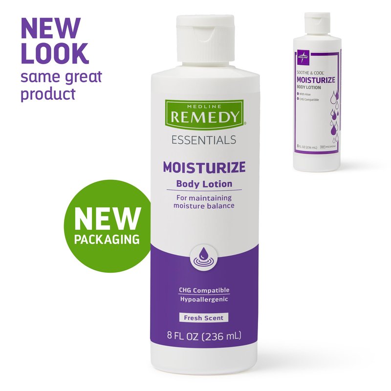Medline Remedy Essentials Moisturizing Body Lotion (8 oz Bottle), 12 Count, Fresh Scent, Hydrating, Non-Greasy, For Dry Skin, Hypoallergenic, Men, Women, Elderly