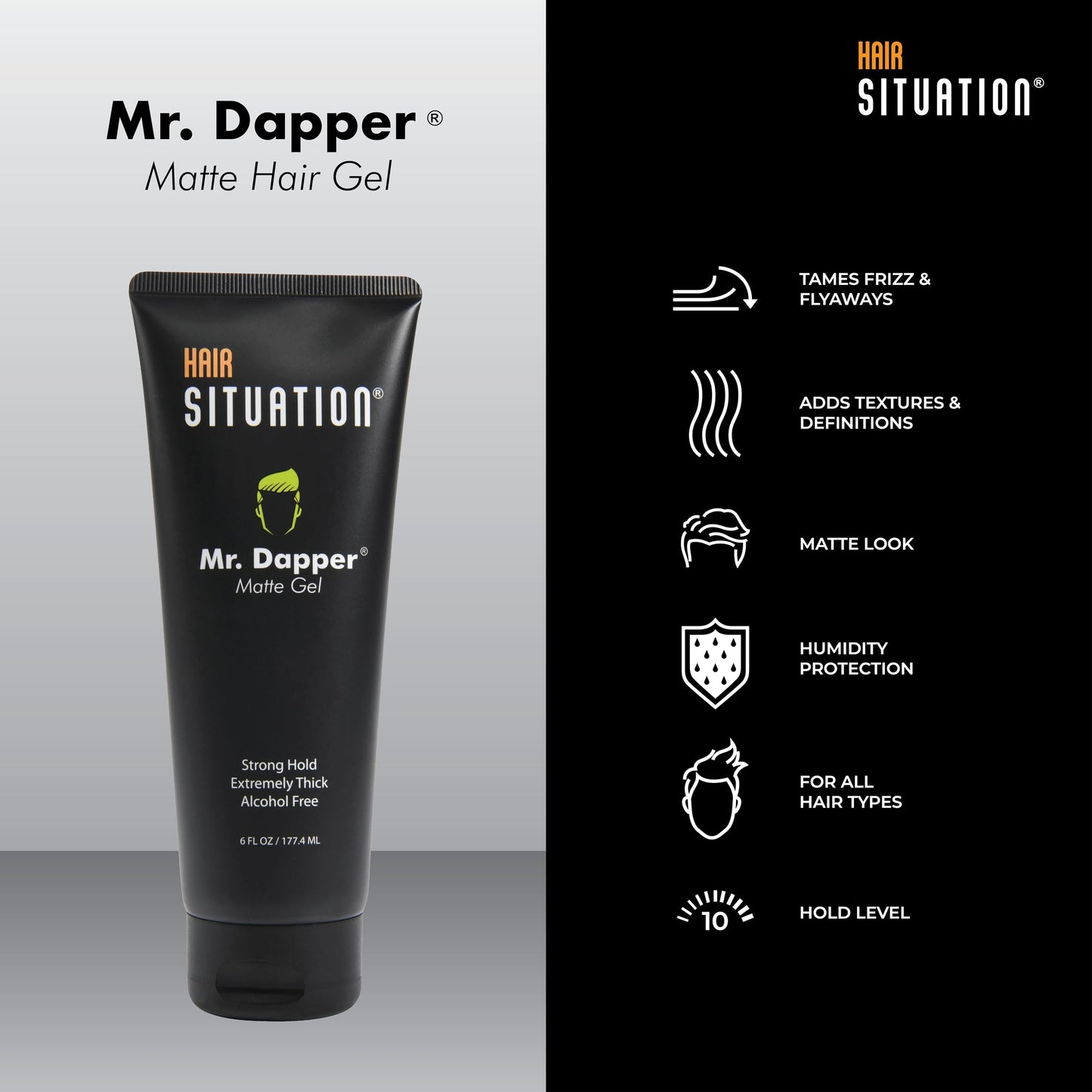 Hair Situation Mr. Dapper Matte Look Strong Hold Styling Hair Gel for Men, Anti-Humidity Shield, Anti-Frizz and Fly Away, Alcohol-Free, No Flake Formula Made with Vitamins to Strengthen Hair, 6 Fl Oz