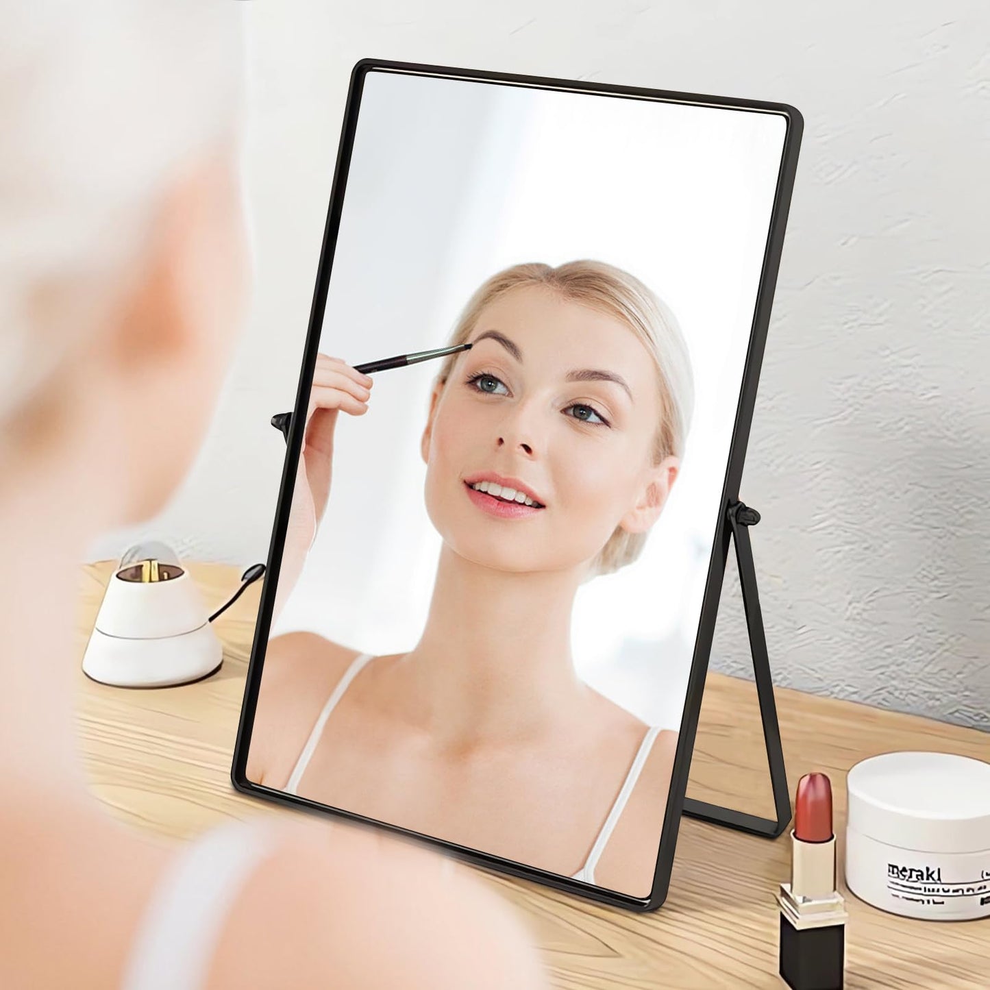 Numjeg Desktop Makeup Mirror with Black Metal Standing 90° Rotation Vanity Table Mirror Portable Cosmetic Mirror for Dressing Room Bedroom Bathroom Rectangle