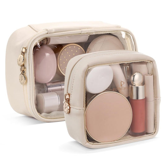 Pocmimut Mini Makeup Bag with Small Cosmetic Bag Travel Essentials Organizers,TSA Approved Toiletry Bag Makeup Pouch Clear Cosmetic Bags for Women,Beige