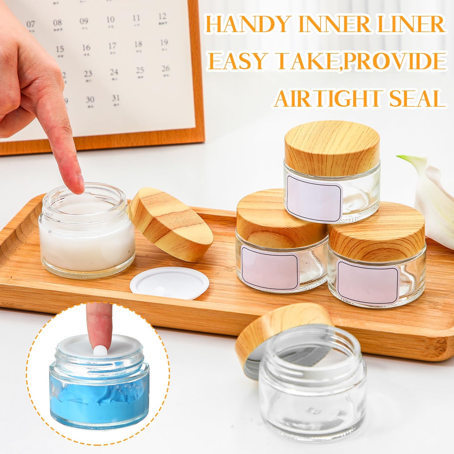 Layhit 24 Pcs 50 ml Cosmetic Glass Jars with Lids 1.69 oz Small Jars with Plastic Woodgrain Lids, White Labels and Inner Liners Empty Round Cosmetic Containers for Creams Lotions Powder