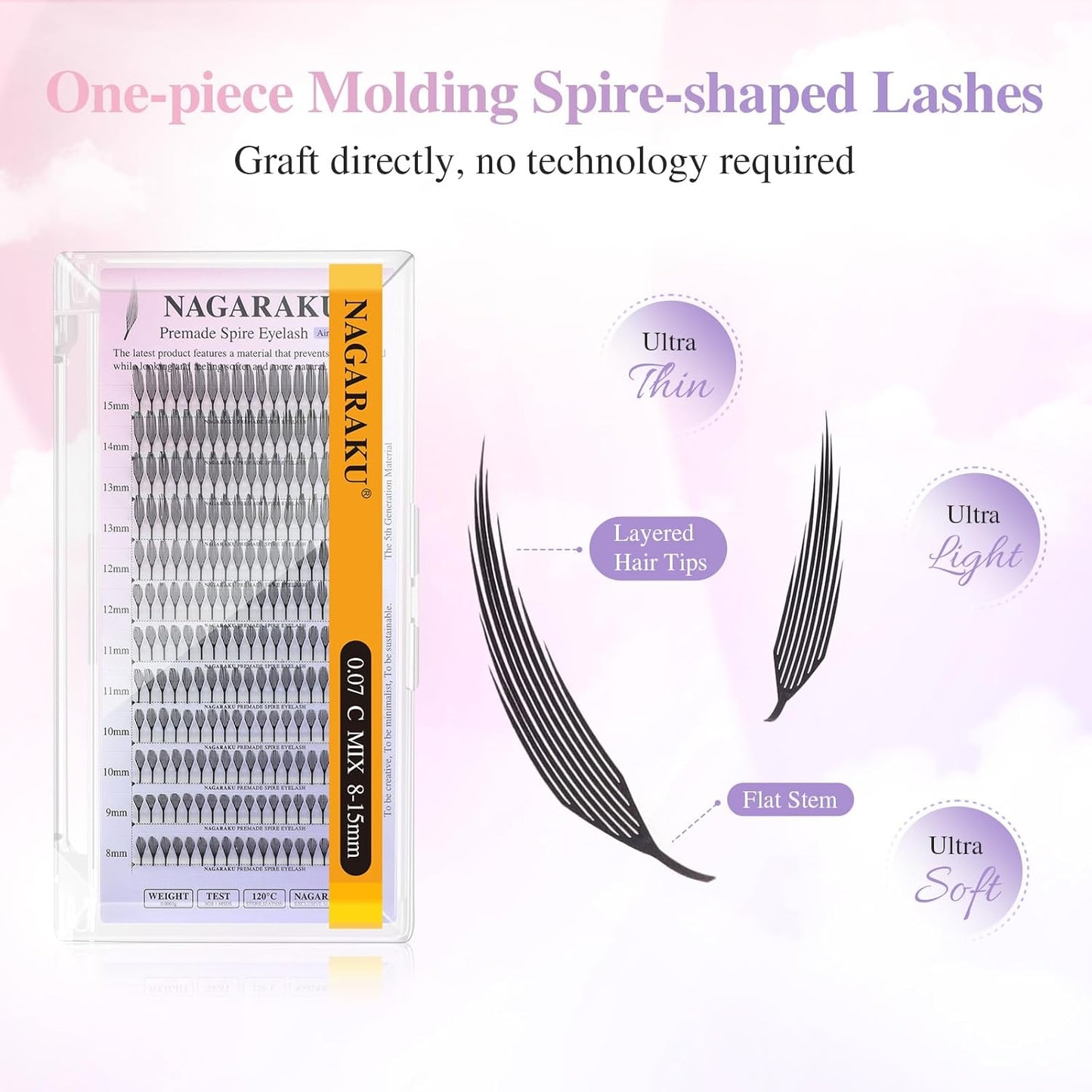 Premade Spire Eyelash Extensions - Feather Shape Manga Lashes | Soft Black, 5 Trays, 8-15mm Mix