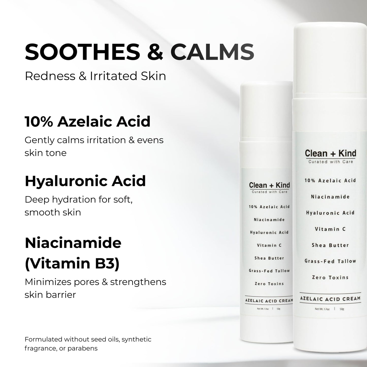 Clean + Kind Azelaic Acid 10% Face Cream with Niacinamide, Vitamin C & Hyaluronic Acid – Soothing Korean Skincare for Uneven, Blemish-Prone Skin with Shea Butter & Grass-Fed Tallow