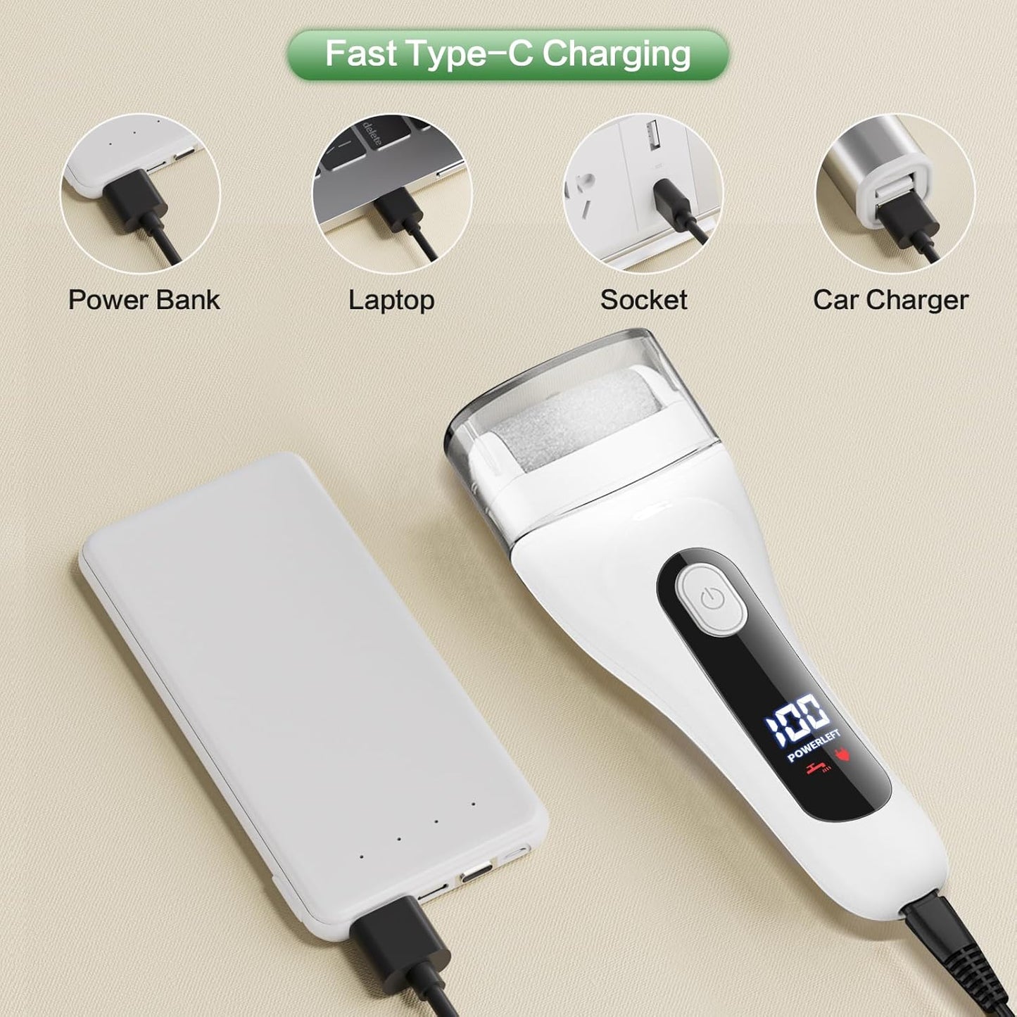 Electric Foot Callus Remover - Rechargeable Waterproof Foot File with LED Light & 3 Rollers | USB-C Charging, White