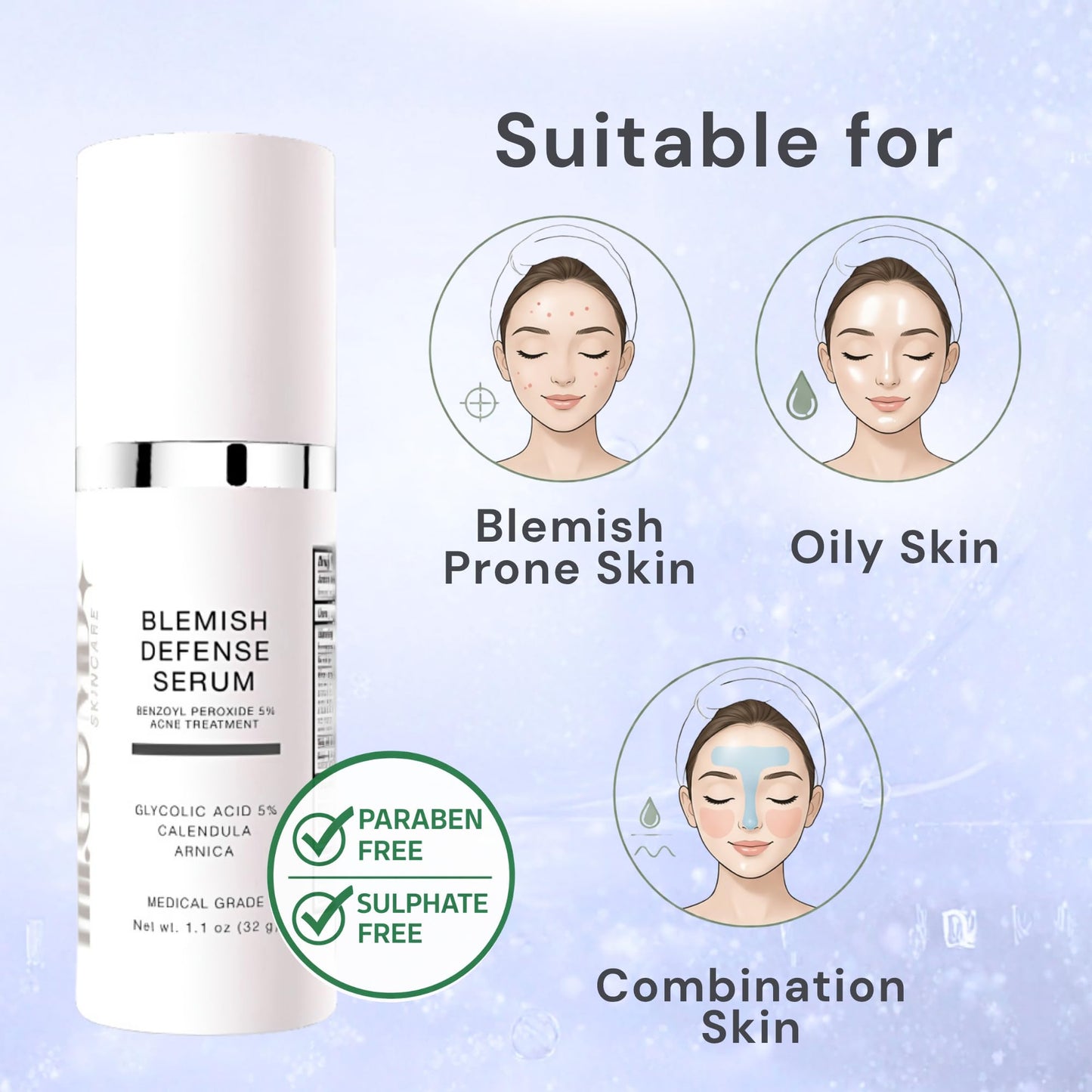 mi.Glo Blemish Defense Clarifying Facial Serum 1.1 oz with Glycolic Acid 5%, Allantoin | Lightweight Daily Face Serum for Oily & Blemish-Prone Skin | Oil Balancing Skincare