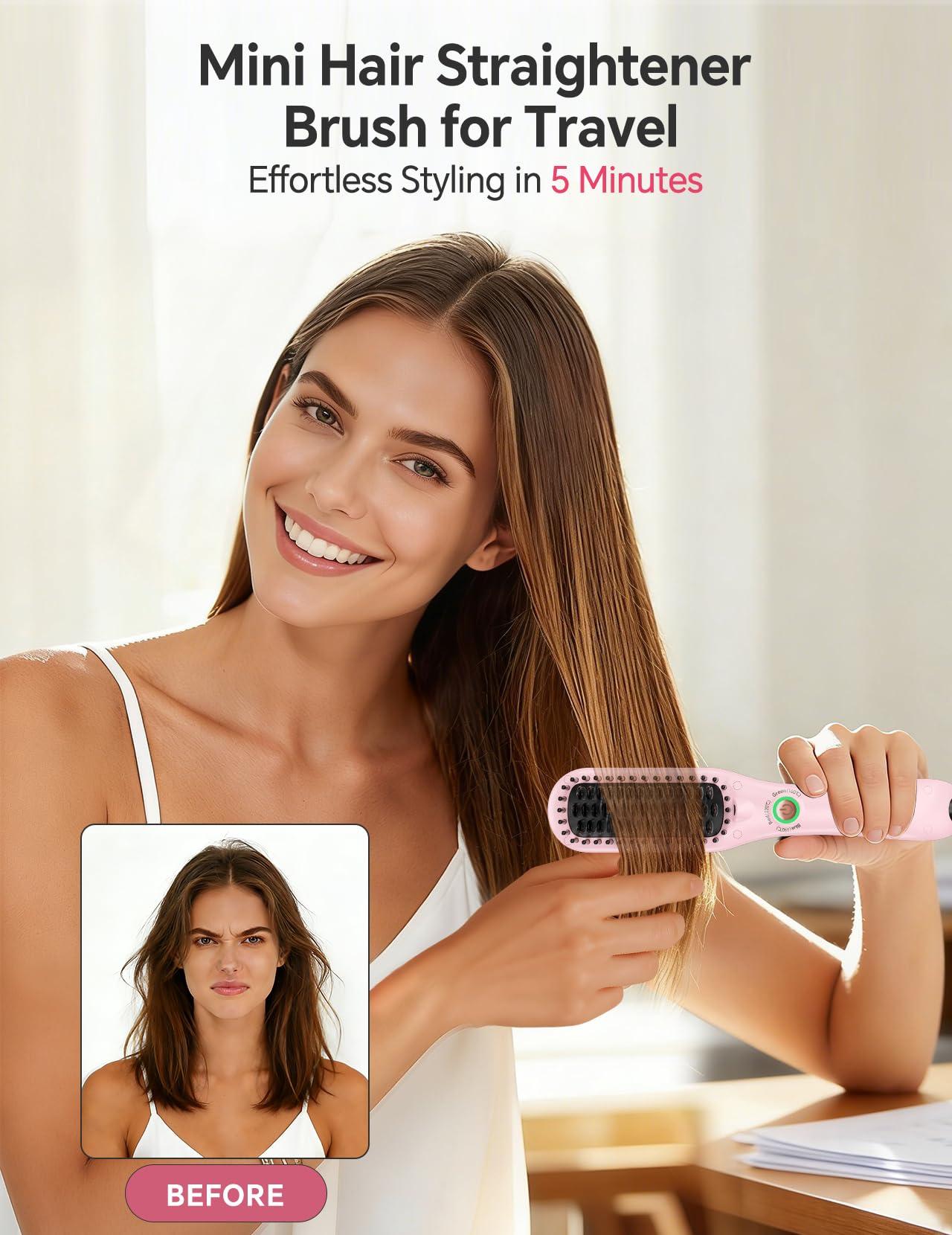 LANDOT Mini Hair Straightening Brush – Portable Heated Ionic Straightener Brush for Short to Medium Hair, 30s Fast Heat, Lightweight Hot Comb for Travel, Blush Pink