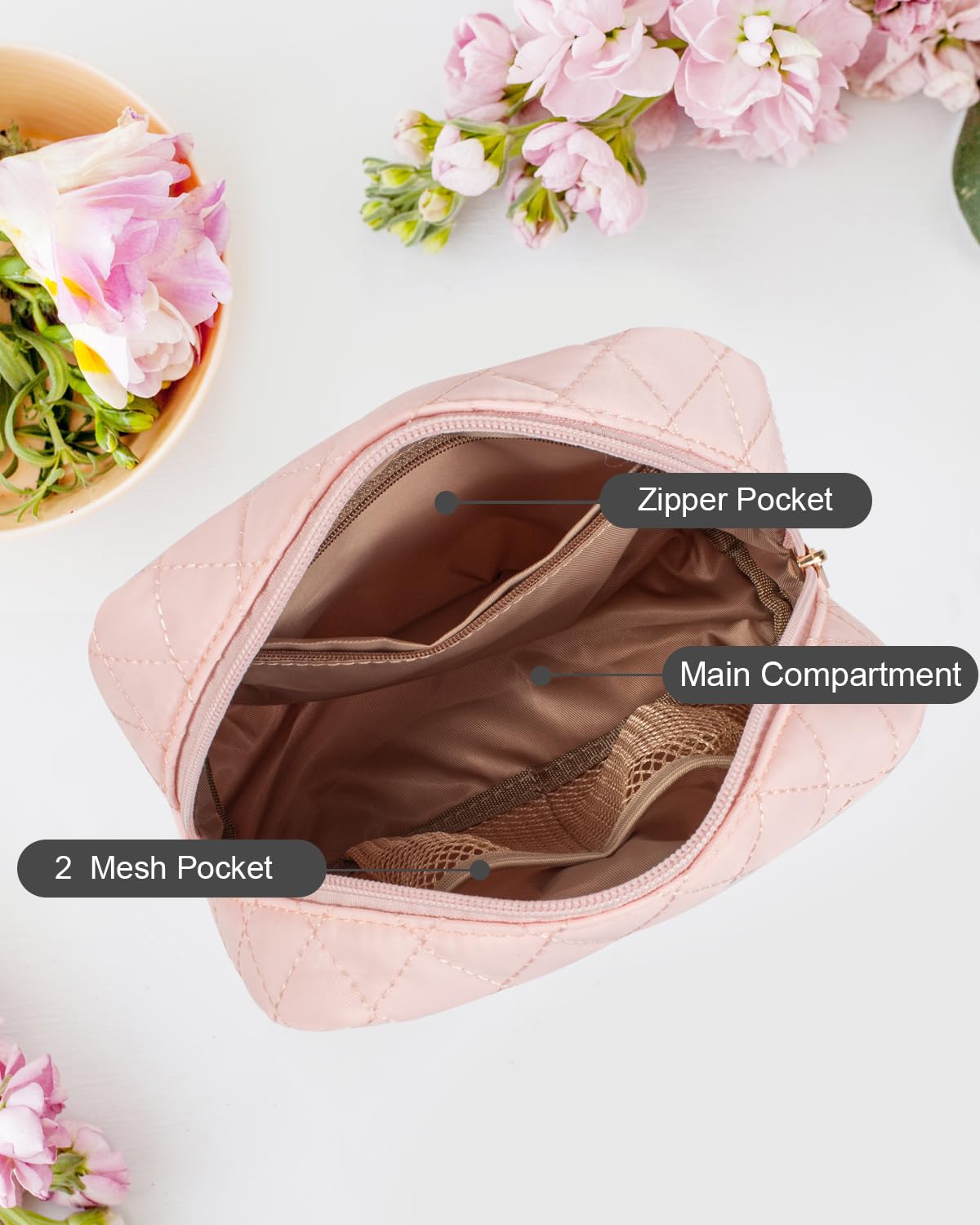 LETGO Travel Makeup Bag for Women Girl,Quilted Makeup Bag Cosmetic Bag,Cute Puffer Make Up Organizer Bags,Pink Car Accessories for Girls(Pink)