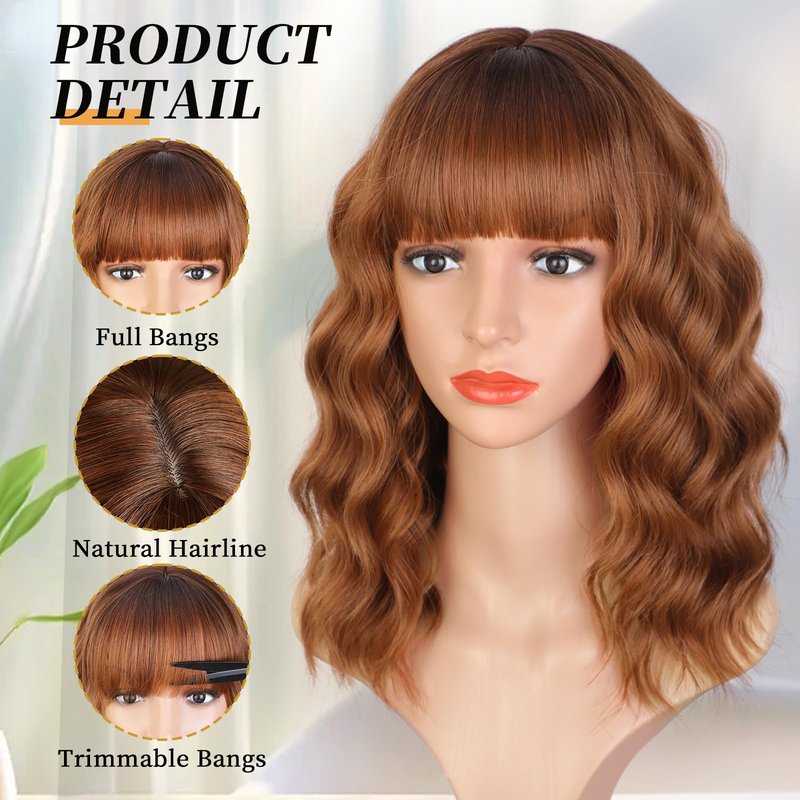 XIXIBI Auburn Wigs for Women Bob Wig with Bangs Short Curly Synthetic Shoulder Length Hair Wavy Natural Looking for Party Daily Use
